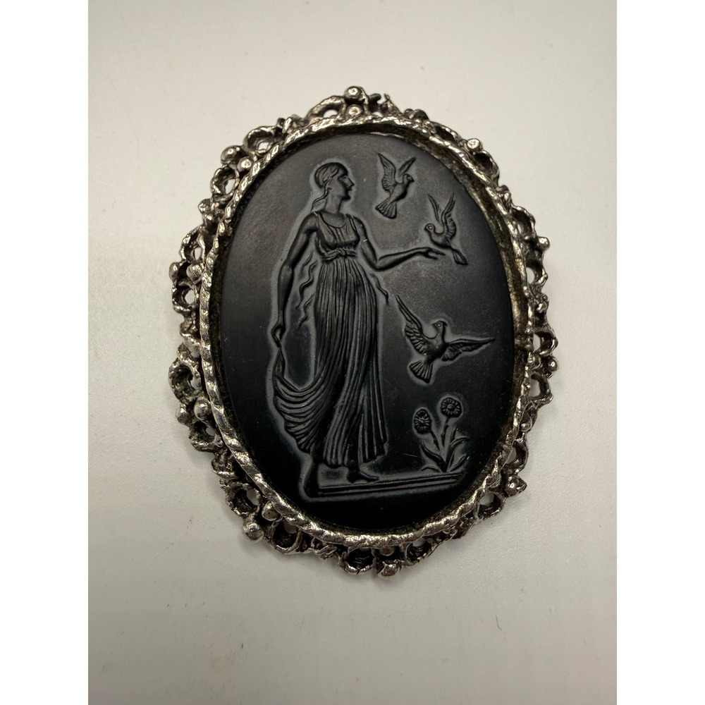 Vintage Black Cameo Brooch Silver Tone Filigree Frame Classical Woman Birds 2in